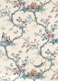 Dekostoff mit chinesischem Gartenmuster in rot und blau