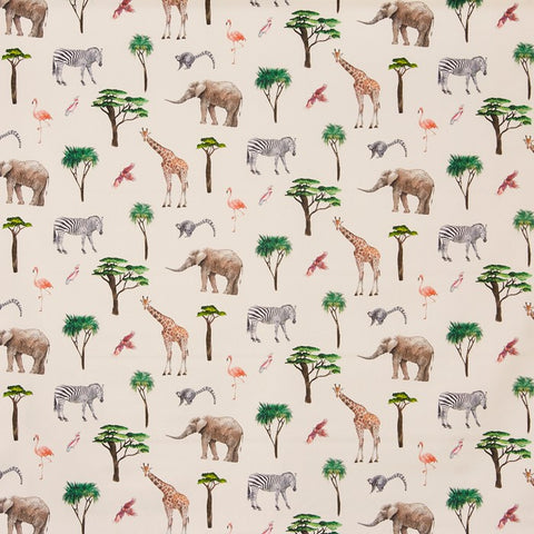 Baumwollstoff mit Elefant, Kuhreiher, Katta, Flamingo, Zebra und Giraffe